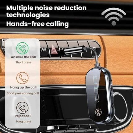 Universal Car Bluetooth Receiver and Transmitter 2-in-1 plugged into car USB port showing hands-free calling and noise reduction features