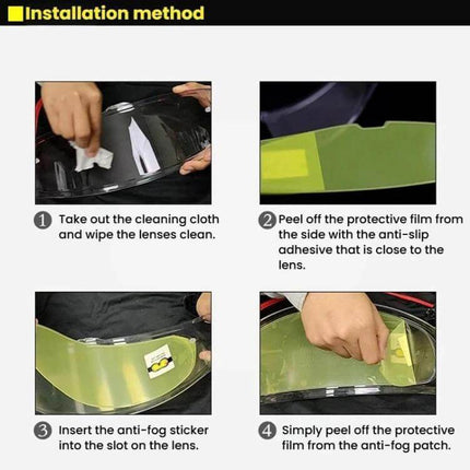 Motorcycle Helmet Anti-Fog Sticker 10.5x30cm For Clear Visibility - step-by-step installation on helmet visor showing cleaning, peeling protective film, and applying sticker