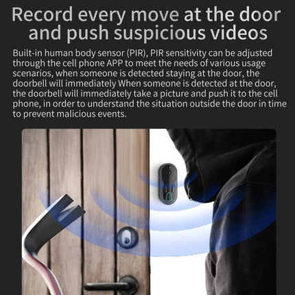 Wireless Night Vision Video Doorbell with Two-Way Intercom showing 1080p night monitoring, PIR motion detection and app alert as a suspicious visitor approaches