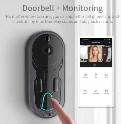 Wireless Night Vision Video Doorbell with Two-Way Intercom mounted by door showing app live feed, night vision and two-way intercom in use