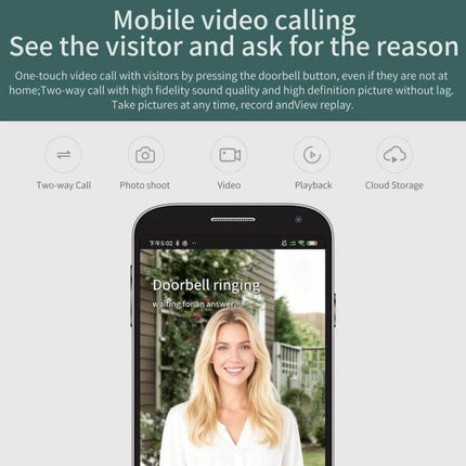 Wireless Night Vision Video Doorbell with Two-Way Intercom showing mobile app video call screen with visitor preview and 1080p clarity