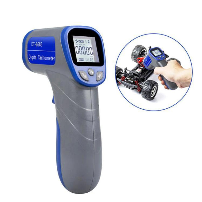 Handheld Laser Tachometer for Checking Motor Speeds Effectively — gray-blue digital non-contact RPM meter shown measuring an RC car motor