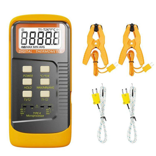 Dual-Channel Industrial Thermometer for Contact Measurements – yellow digital meter with clamps and K-type probes for two-point contact readings