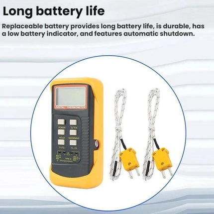 Dual-Channel Industrial Thermometer for Contact Measurements showing handheld unit with dual probes and clear digital display