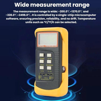 Dual-Channel Industrial Thermometer for Contact Measurements handheld unit with clear digital display and yellow protective casing
