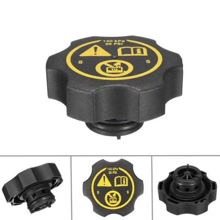 Radiator Cap For Chevrolet Cruze Keeps Coolant Sealed - black replacement cap with 20 PSI marking and safety icons
