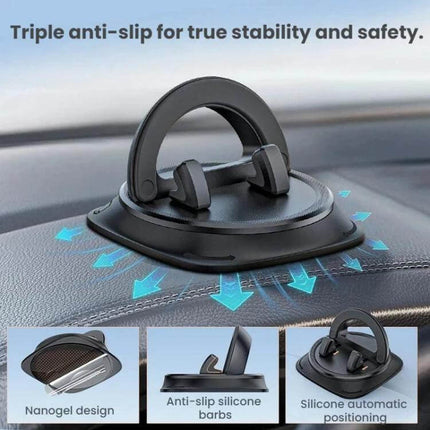 Car Dashboard Phone Mount Bracket Anti Slip Clip On low-profile ABS silicone grip holder on dashboard showing anti-slip base and ring