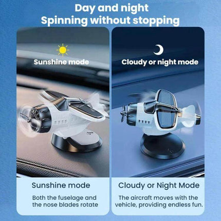 Solar-Powered Car Dashboard Airplane Ornament That Rotates in Sunlight on dashboard showing sunshine and cloudy/night modes with 360° rotating propeller