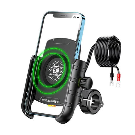 Kewig Motorcycle Phone Mount For Wireless Charging securely holding phone with 360-degree rotation, IP66 waterproof motorcycle wireless charger