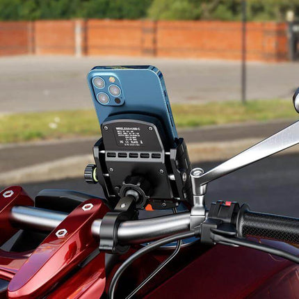 Kewig Motorcycle Phone Mount For Wireless Charging securely holding smartphone on motorcycle handlebar with 360° rotation and IP66 waterproof