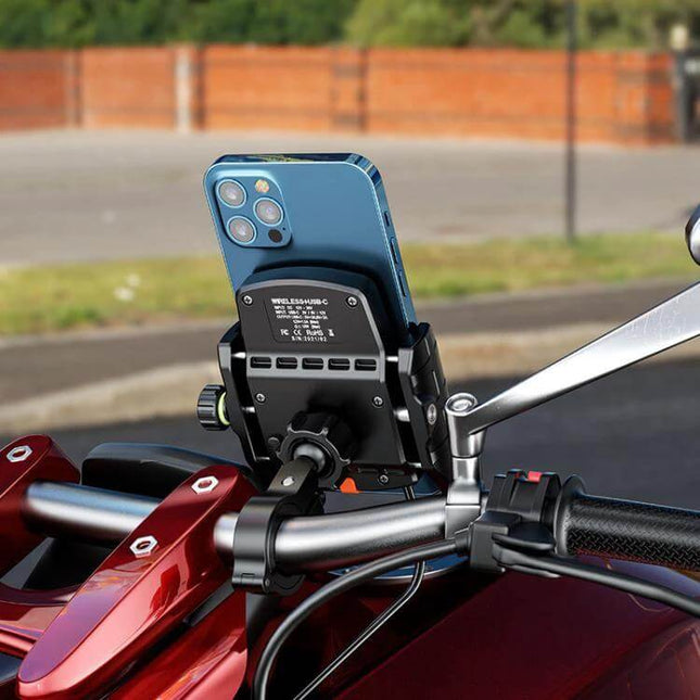 Kewig Motorcycle Phone Mount For Wireless Charging securely holding smartphone on motorcycle handlebar with 360° rotation and IP66 waterproof
