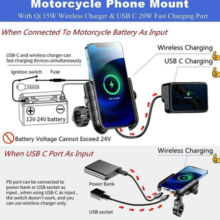 Kewig Motorcycle Phone Mount For Wireless Charging showing wireless charging, USB-C port, 360° rotation, and battery/USB input options