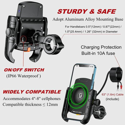 Kewig Motorcycle Phone Mount For Wireless Charging showing 360° rotating secure holder, IP66 waterproof base and 63in charging cable