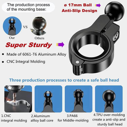 Kewig Motorcycle Phone Mount For Wireless Charging black 17mm anti-slip aluminum clamp with sturdy ball head and CNC molding