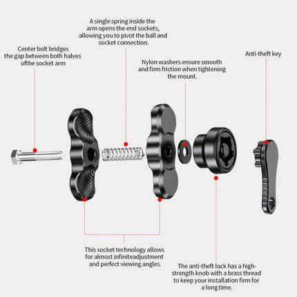 J5 Metal Clamp Arm Anti-Theft Phone Mount Heightening exploded view showing aluminum parts, spring, nylon washers, copper-thread anti-theft lock