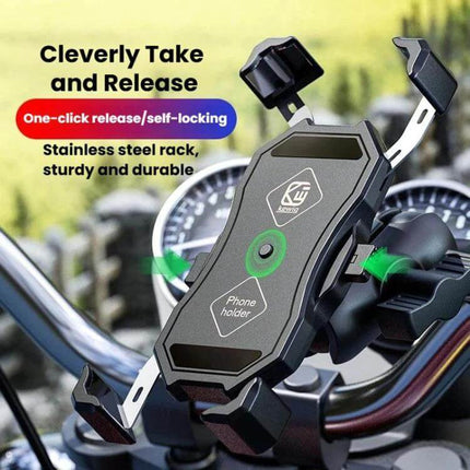 Kewig Motorcycle Phone Holder For Bike Navigation mounted on motorcycle handlebar with one-click release and anti-slip silicone protection
