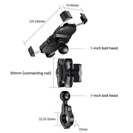 Kewig Motorcycle Phone Holder For Bike Navigation showing adjustable clamp, 1-inch ball heads, 135–180mm arms and handlebar mount dimensions