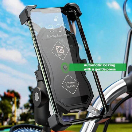 Kewig Motorcycle Phone Holder For Bike Navigation mounted on handlebar showing automatic locking and anti-slip silicone protection