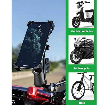 Kewig Motorcycle Phone Holder For Bike Navigation mounted on motorcycle handlebar showing phone in secure adjustable cradle