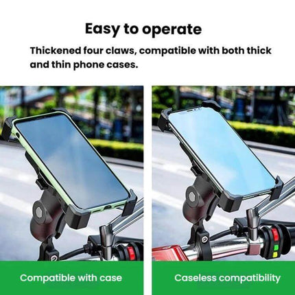 Kewig Motorcycle Phone Holder For Bike Navigation mounted on handlebars showing four-claw grip compatible with thick and caseless phone cases