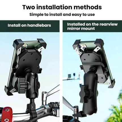 Kewig Motorcycle Phone Holder For Bike Navigation mounted on handlebars and rearview mirror showing secure adjustable phone grip