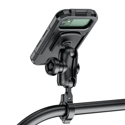 Motorcycle Rainproof Phone Case Mount For Everyday Riding securely mounted on handlebar with 360° rotation universal ball for weather-resistant GPS access
