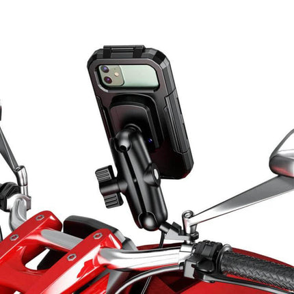 Motorcycle Rainproof Phone Case Mount For Everyday Riding securely mounted on motorcycle handlebar with 360° rotation and weather-resistant protection