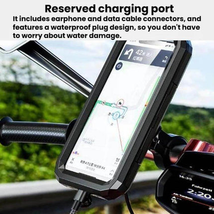 Motorcycle Rainproof Phone Case Mount For Everyday Riding showing GPS on mounted phone with reserved waterproof charging port and 360° rotation