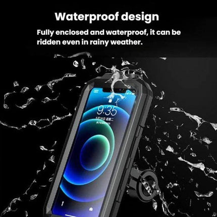 Motorcycle Rainproof Phone Case Mount For Everyday Riding showing waterproof enclosed case with 360° ball mount and water splashes