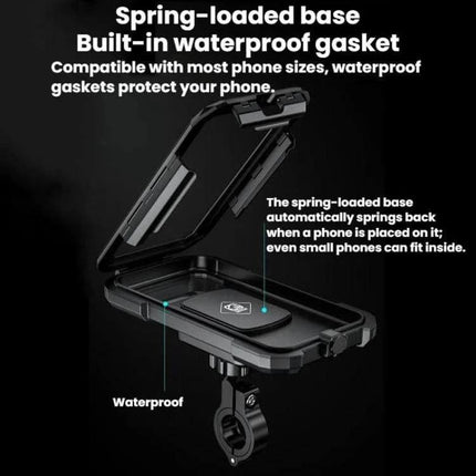 Motorcycle Rainproof Phone Case Mount For Everyday Riding - waterproof spring-loaded phone mount with 360° ball rotation for secure GPS and calls