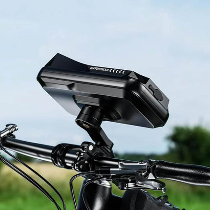 Motorcycle Outdoor Waterproof Phone Mount OneClick Release For Rides mounted on bike handlebar showing IP66 waterproof case and 180° rotation
