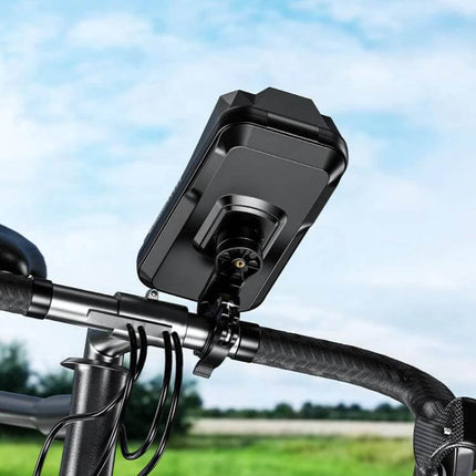 Motorcycle Outdoor Waterproof Phone Mount OneClick Release For Rides mounted on motorcycle handlebar showing IP66 waterproof case and 180° rotation