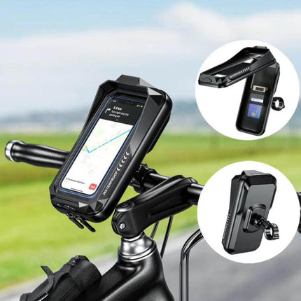 Outdoor Cycling Phone Rainproof Bag For Hands Free Use mounted on bike handlebar showing IP66 waterproof case and 180° rotation