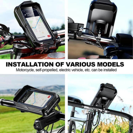 Outdoor Cycling Phone Rainproof Bag For Hands Free Use mounted on bike handlebar showing IP66 waterproof case and 180° rotation