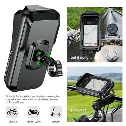 Outdoor Cycling Phone Rainproof Bag For Hands Free Use shown mounted on bike handlebar with 180° rotation and IP66 waterproof protection