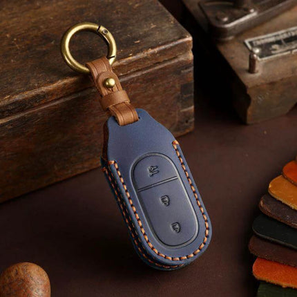 Hallmo Genuine Leather Car Key Cover for Leapmotor Keys in navy blue cowhide with brass keyring and stitched edges