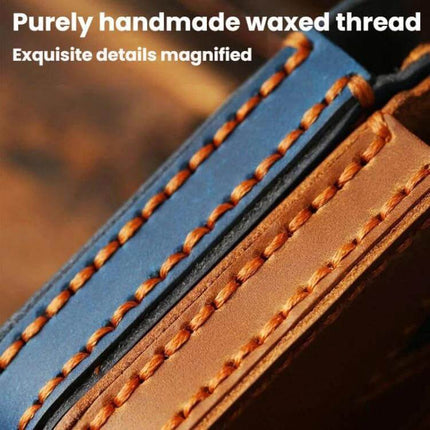 Hallmo Genuine Leather Car Key Cover for Leapmotor Keys close-up showing handmade waxed thread stitching and cowhide leather texture