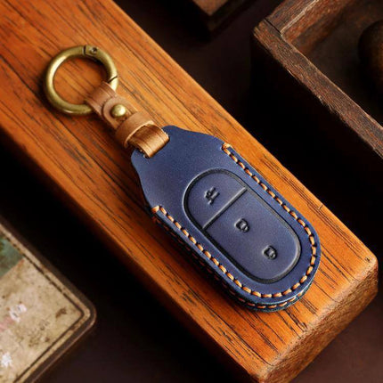 Hallmo Genuine Leather Car Key Cover for Leapmotor Keys - navy cowhide leather key fob cover with brass ring, stitched protective case for daily use