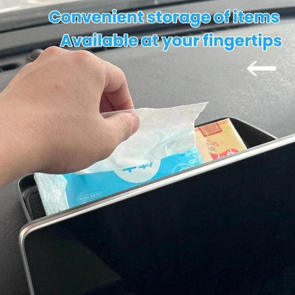 Central Control Screen Storage Box for Car, Easy Access - hand pulling tissue from top compartment showing organized center-console storage