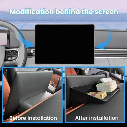 Central Control Screen Storage Box for Car, Easy Access installed behind screen showing before and after with phone coins chargers and tissues organized