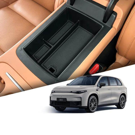 Leapmotor Center Console Armrest Storage Box for 2024-2026 in C107 cabin showing black organizer with compartments and added phone/key storage