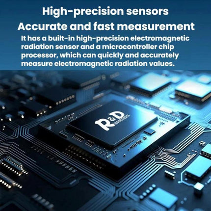 R&D Instruments RD630 Electromagnetic Radiation Detector for Wireless Signals showing circuit board sensor and high-precision measurement text