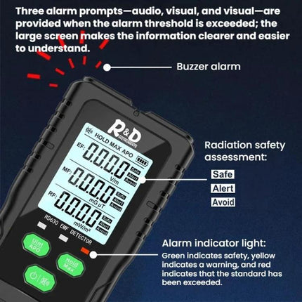 R&D Instruments RD630 Electromagnetic Radiation Detector for Wireless Signals showing alarm indicators and LCD readings