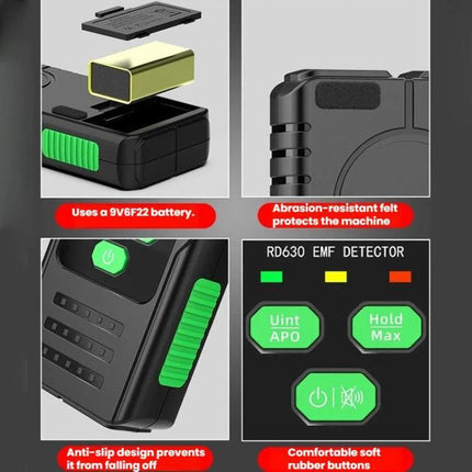 R&D Instruments RD630 Electromagnetic Radiation Detector for Wireless Signals compact handheld EMF detector with 9V battery and rubber buttons