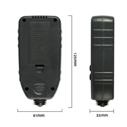 R&D Instruments Coating Thickness Gauge for Automotive Measurements handheld gauge showing back and side dimensions 125mm x 61mm x 33mm