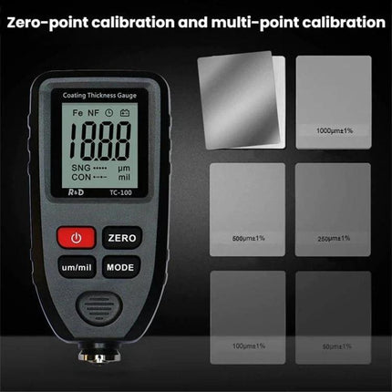 R&D Instruments Coating Thickness Gauge for Automotive Measurements handheld meter showing display and calibration foils