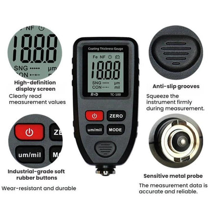 R&D Instruments Coating Thickness Gauge for Automotive Measurements handheld gauge showing display, buttons and metal probe