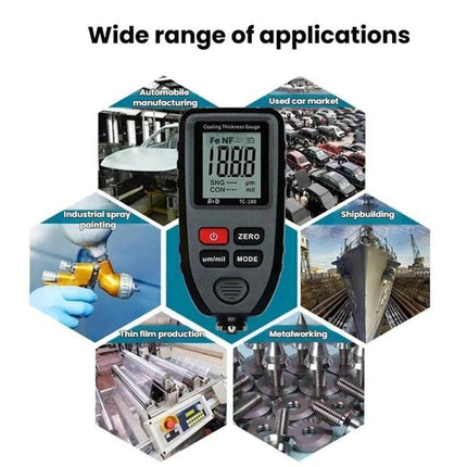 R&D Instruments Coating Thickness Gauge for Automotive Measurements measuring paint thickness on vehicle with digital display and buttons
