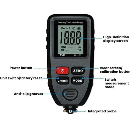 R&D Instruments Coating Thickness Gauge for Automotive Measurements handheld device showing display, buttons, integrated probe and labeled features