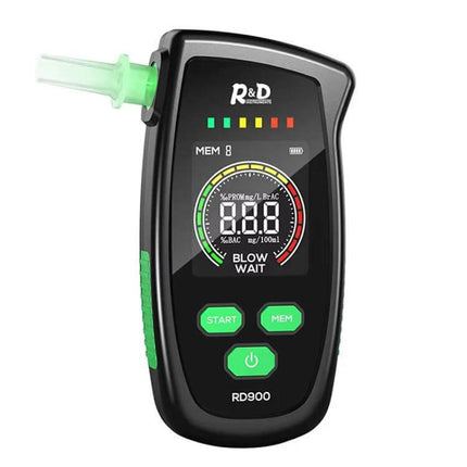 R&D Instruments Portable Breath Alcohol Tester for Screening handheld device with mouthpiece, LED triple-alarm indicators and digital display
